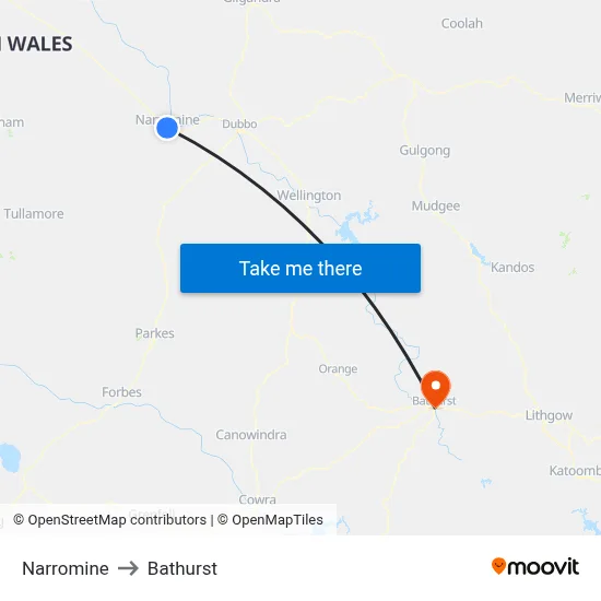 Narromine to Bathurst map