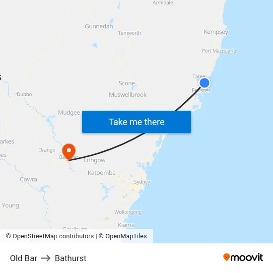 Old Bar to Bathurst map