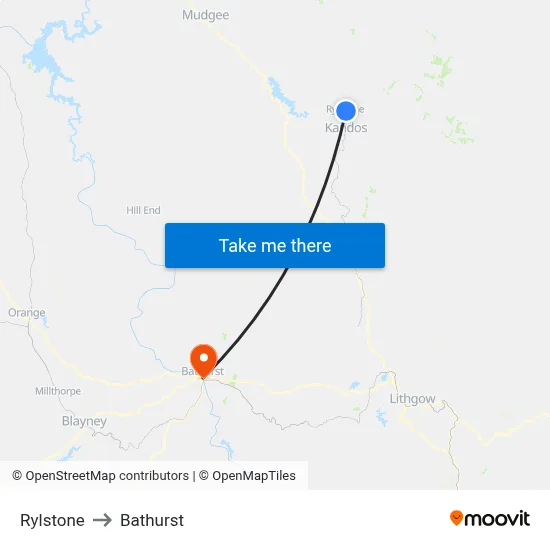 Rylstone to Bathurst map