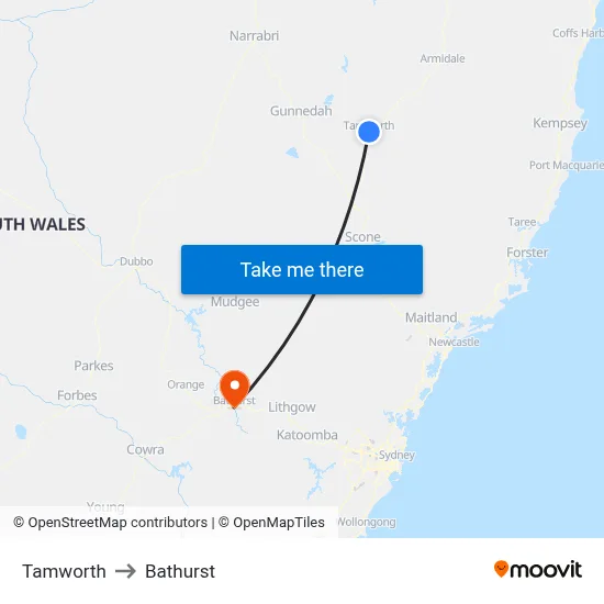 Tamworth to Bathurst map