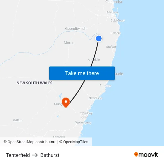 Tenterfield to Bathurst map