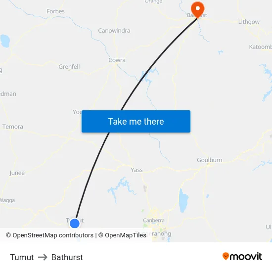 Tumut to Bathurst map