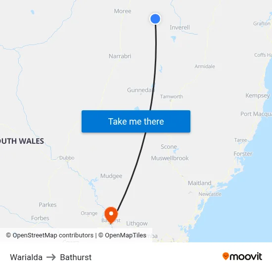 Warialda to Bathurst map