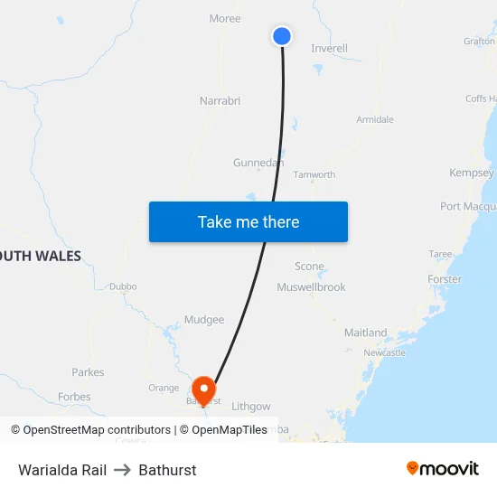 Warialda Rail to Bathurst map