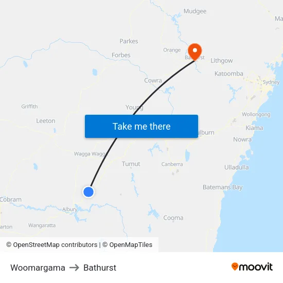 Woomargama to Bathurst map