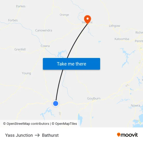Yass Junction to Bathurst map