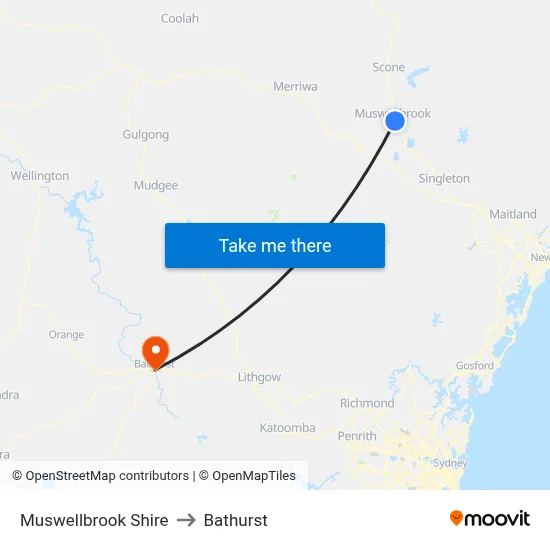 Muswellbrook Shire to Bathurst map