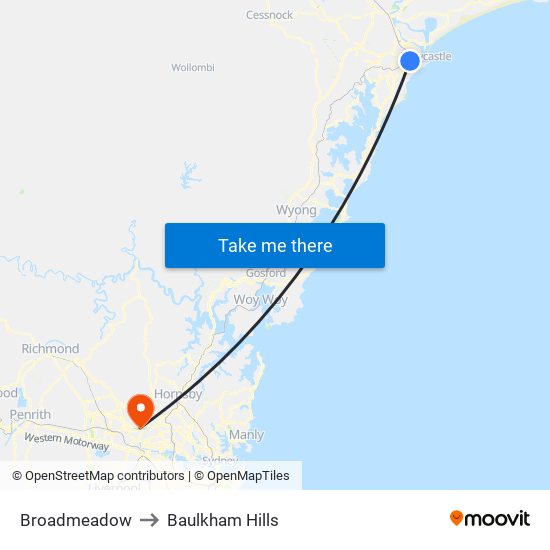 Broadmeadow to Baulkham Hills map