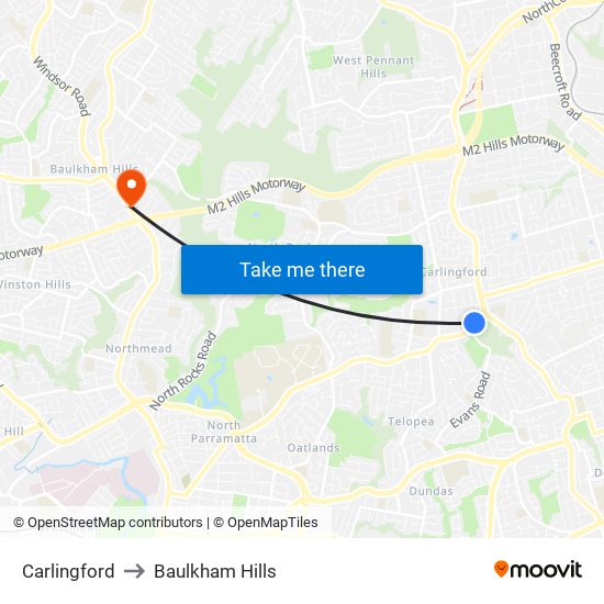 Carlingford to Baulkham Hills map