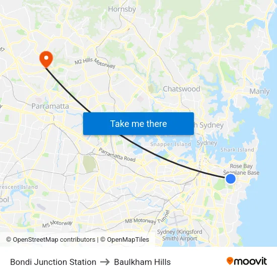 Bondi Junction Station to Baulkham Hills map