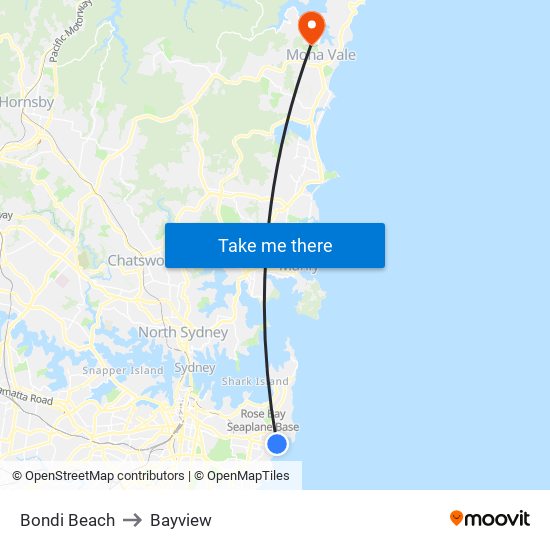 Bondi Beach to Bayview map