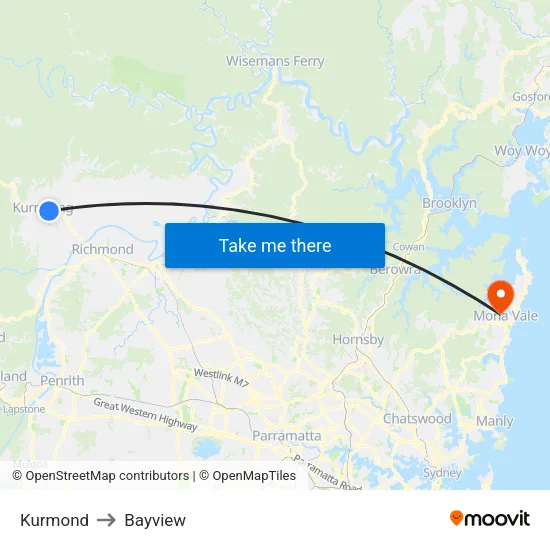 Kurmond to Bayview map