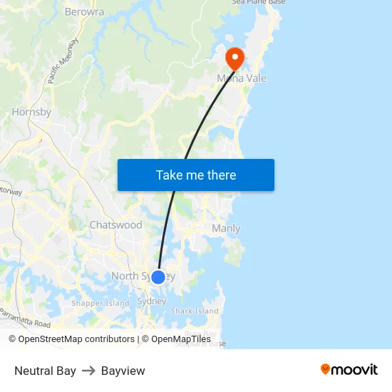 Neutral Bay to Bayview map