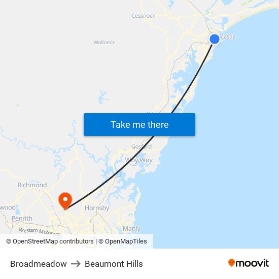 Broadmeadow to Beaumont Hills map