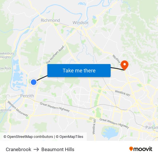 Cranebrook to Beaumont Hills map