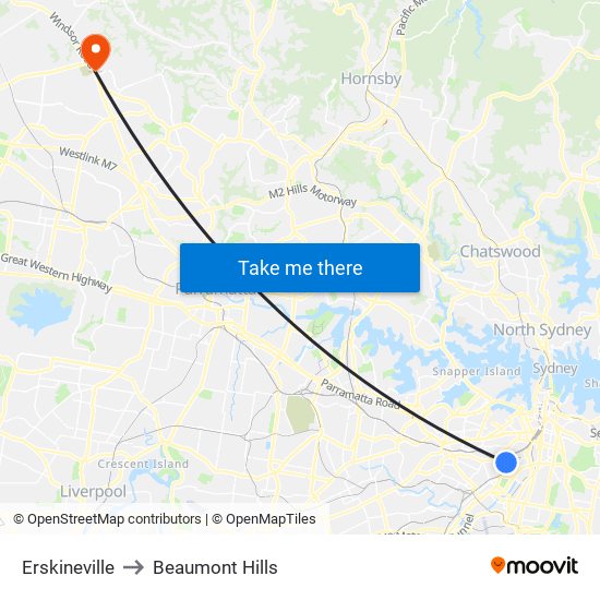 Erskineville to Beaumont Hills map