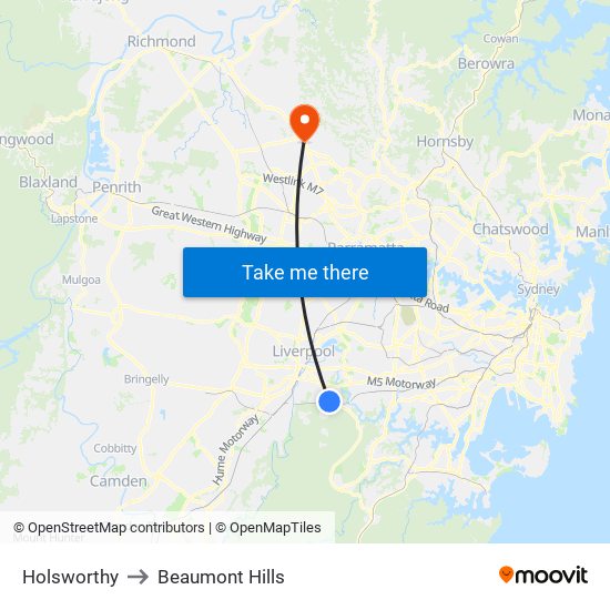 Holsworthy to Beaumont Hills map