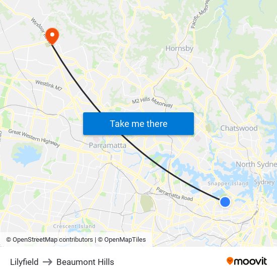 Lilyfield to Beaumont Hills map