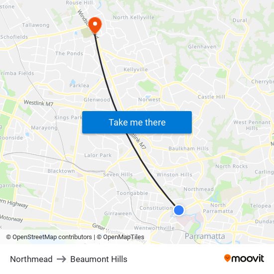 Northmead to Beaumont Hills map