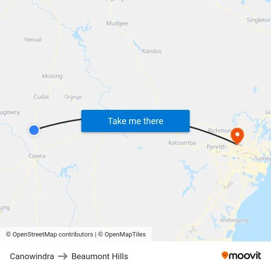 Canowindra to Beaumont Hills map