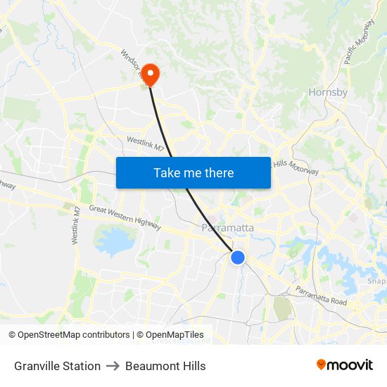 Granville Station to Beaumont Hills map