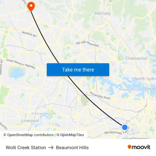 Wolli Creek Station to Beaumont Hills map