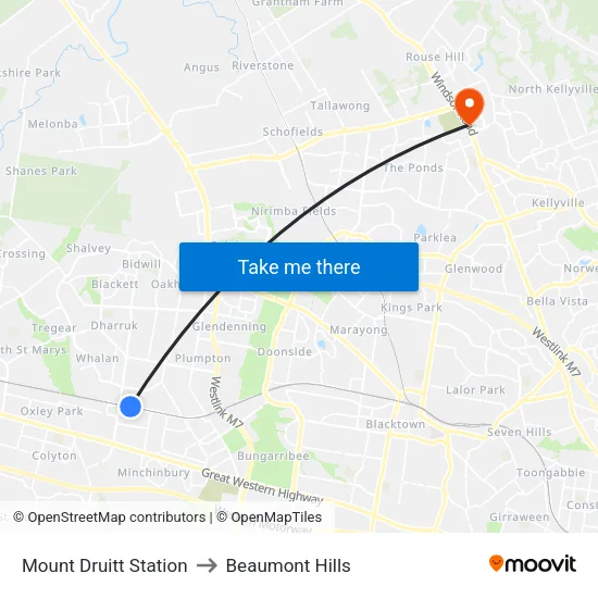 Mount Druitt Station to Beaumont Hills map