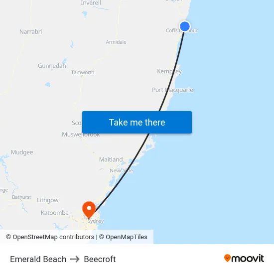 Emerald Beach to Beecroft map
