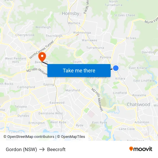 Gordon (NSW) to Beecroft map