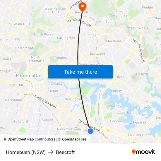 Homebush (NSW) to Beecroft map