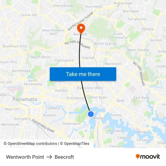 Wentworth Point to Beecroft map