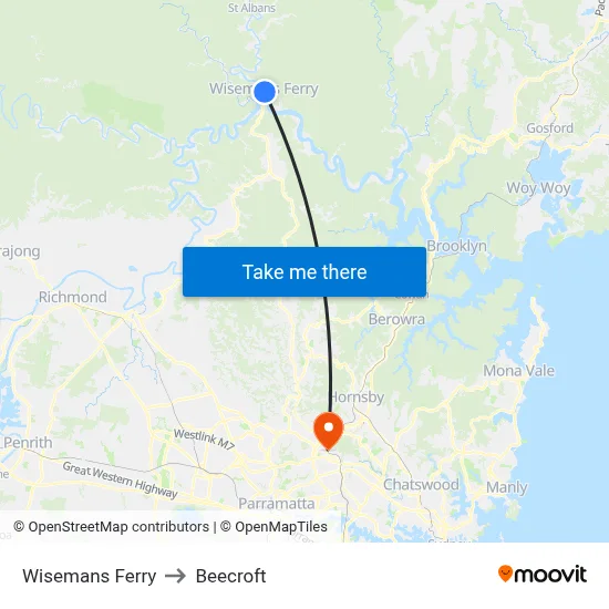 Wisemans Ferry to Beecroft map