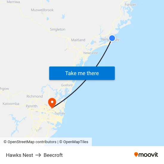 Hawks Nest to Beecroft map