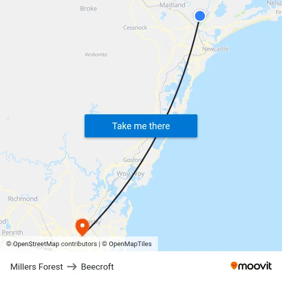 Millers Forest to Beecroft map