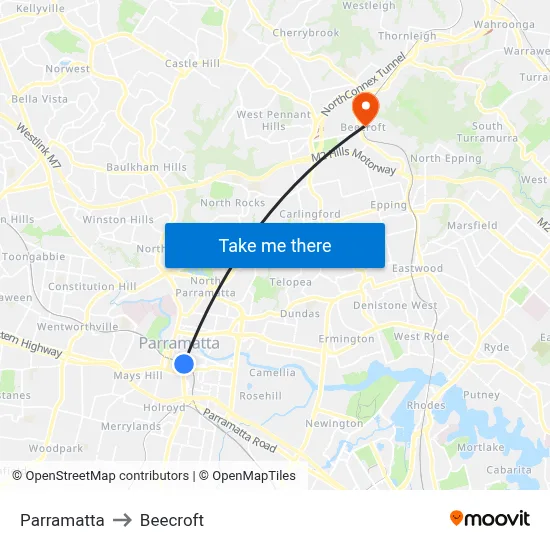 Parramatta to Beecroft map