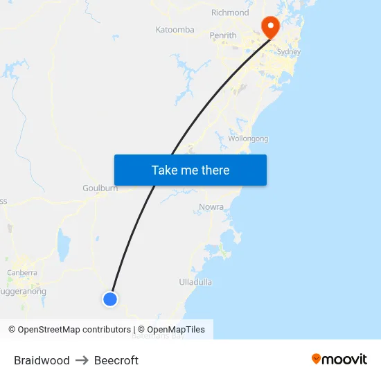 Braidwood to Beecroft map