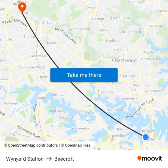 Wynyard Station to Beecroft map
