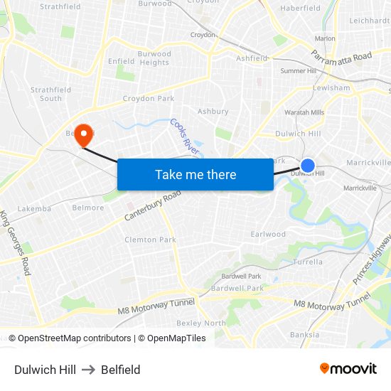 Dulwich Hill to Belfield map