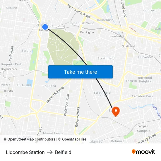 Lidcombe Station to Belfield map