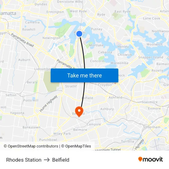 Rhodes Station to Belfield map