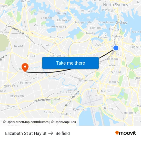 Elizabeth St at Hay St to Belfield map