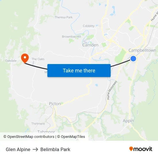 Glen Alpine to Belimbla Park map