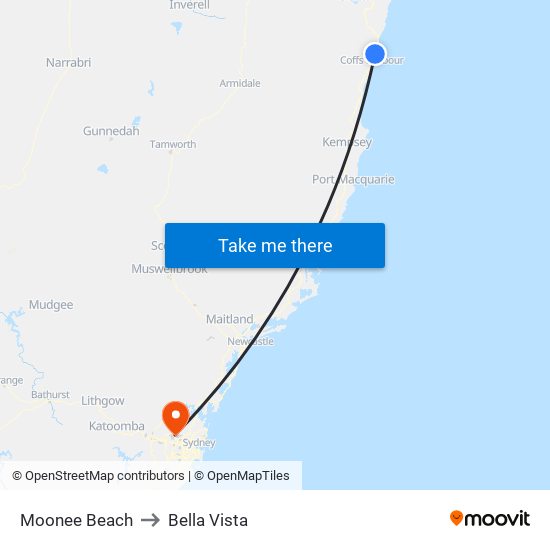 Moonee Beach to Bella Vista map