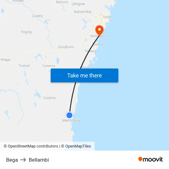 Bega to Bellambi map