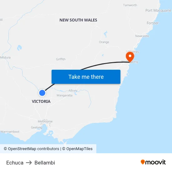 Echuca to Bellambi map