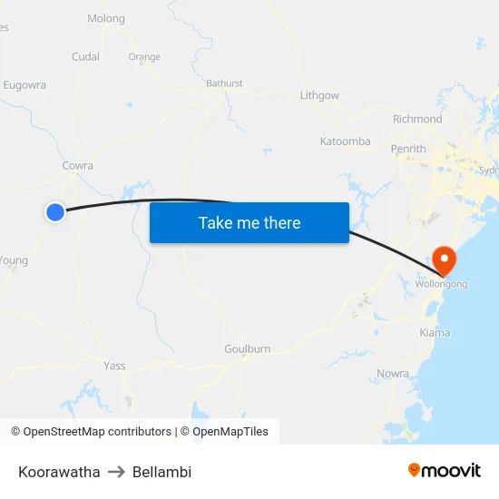Koorawatha to Bellambi map