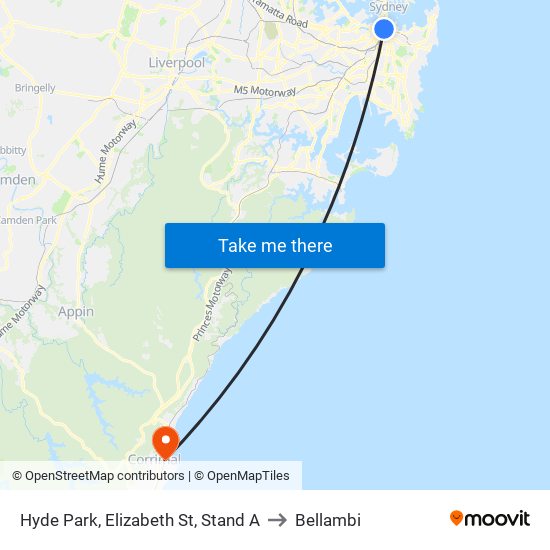 Hyde Park, Elizabeth St, Stand A to Bellambi map