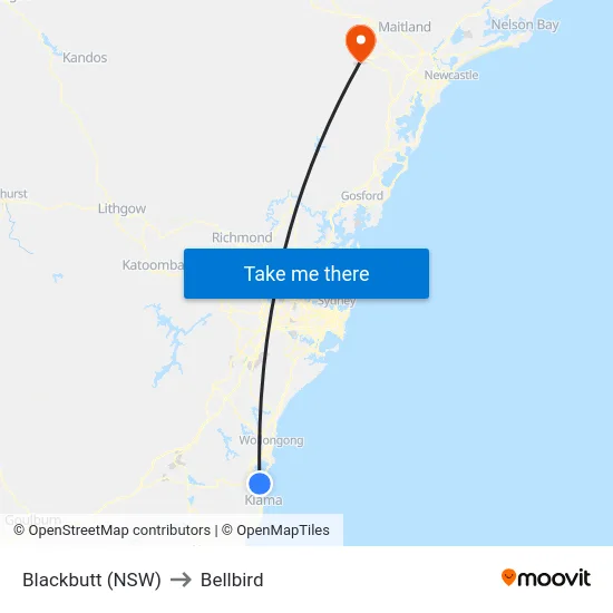 Blackbutt (NSW) to Bellbird map