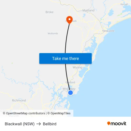 Blackwall (NSW) to Bellbird map