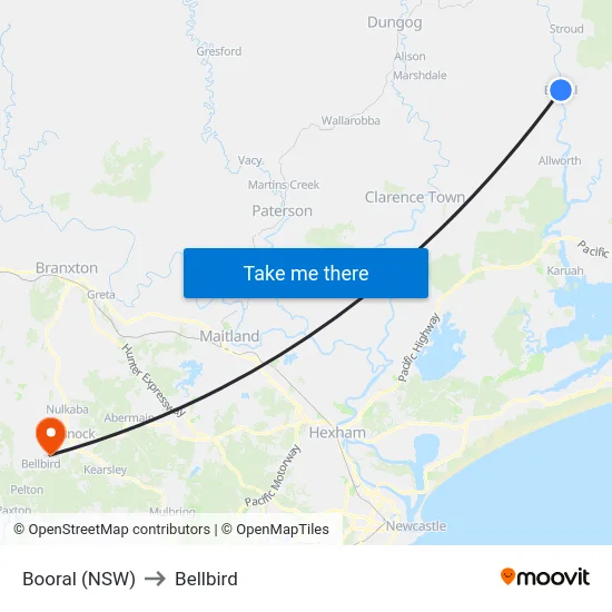 Booral (NSW) to Bellbird map